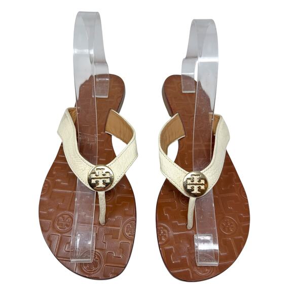 Tory Burch Thora Thong Sandals Flip Flops Patent Leather Ivory Gold Size US 8 - Picture 1 of 14
